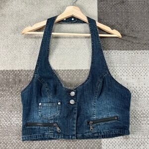 Bongo Womens XL Blue Denim Halter Vest Top Cropped Polka Dot Lining Y2K Biker